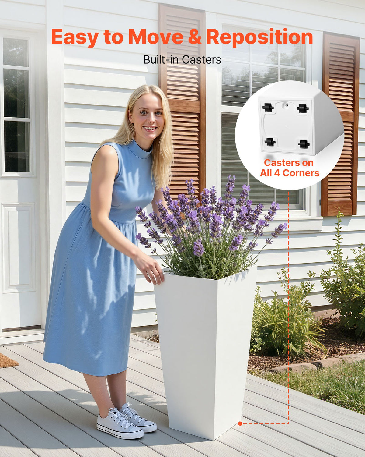 VEVOR Tall Planters Set of 2, 665 mm Large Outdoor Taper Planters for Outdoor Indoor Plants, Front Porch Plastic Modern Flower Pots with Casters, Inner Pot & Drainage Holes for Patio, Garden, White