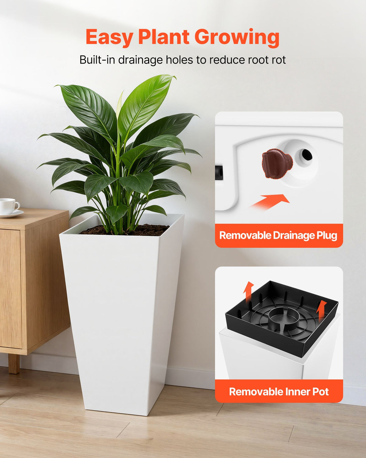 VEVOR Tall Planters Set of 2, 665 mm Large Outdoor Taper Planters for Outdoor Indoor Plants, Front Porch Plastic Modern Flower Pots with Casters, Inner Pot & Drainage Holes for Patio, Garden, White