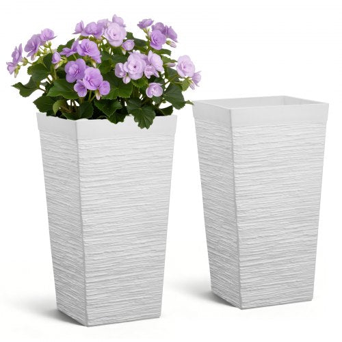 VEVOR Tall Planters Set of 2, 580 mm Large Outdoor Taper Planters for Outdoor Indoor Plants, Front Porch Plastic Modern Flower Pots with Casters, Inner Pot & Drainage Holes for Patio, Garden, White