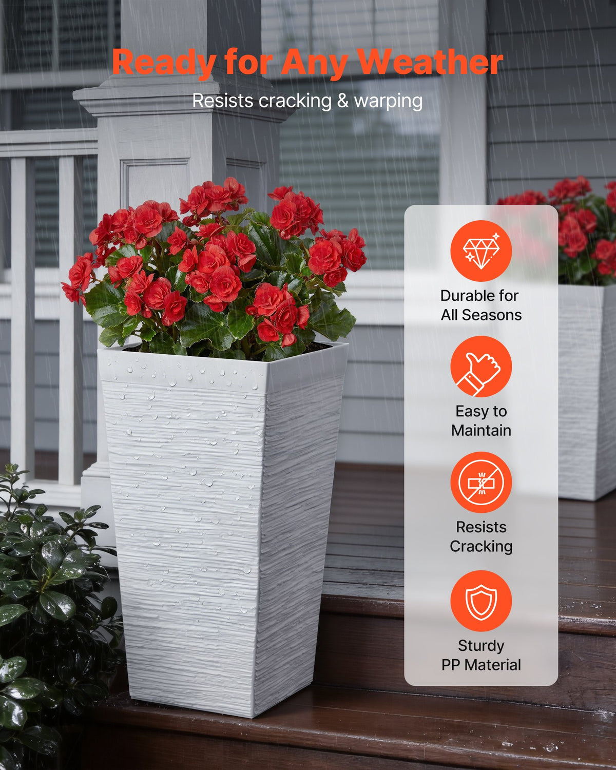 VEVOR Tall Planters Set of 2, 580 mm Large Outdoor Taper Planters for Outdoor Indoor Plants, Front Porch Plastic Modern Flower Pots with Casters, Inner Pot & Drainage Holes for Patio, Garden, White