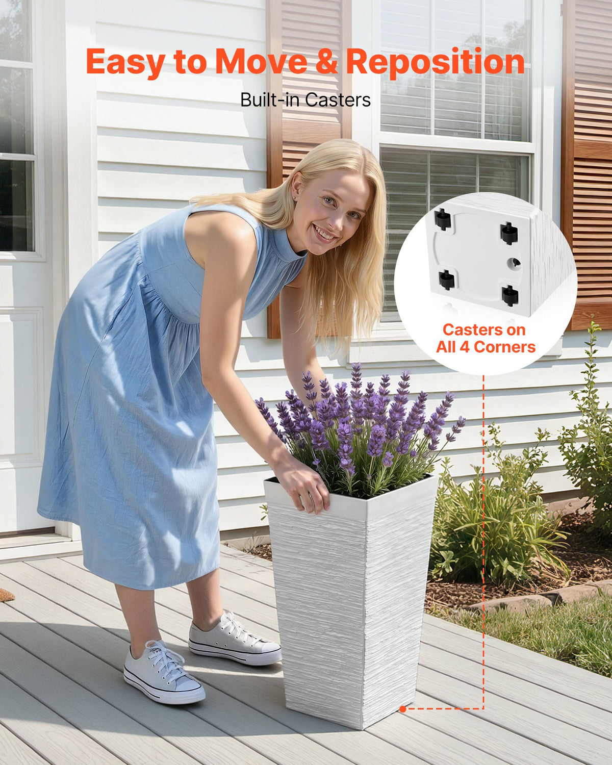 VEVOR Tall Planters Set of 2, 580 mm Large Outdoor Taper Planters for Outdoor Indoor Plants, Front Porch Plastic Modern Flower Pots with Casters, Inner Pot & Drainage Holes for Patio, Garden, White