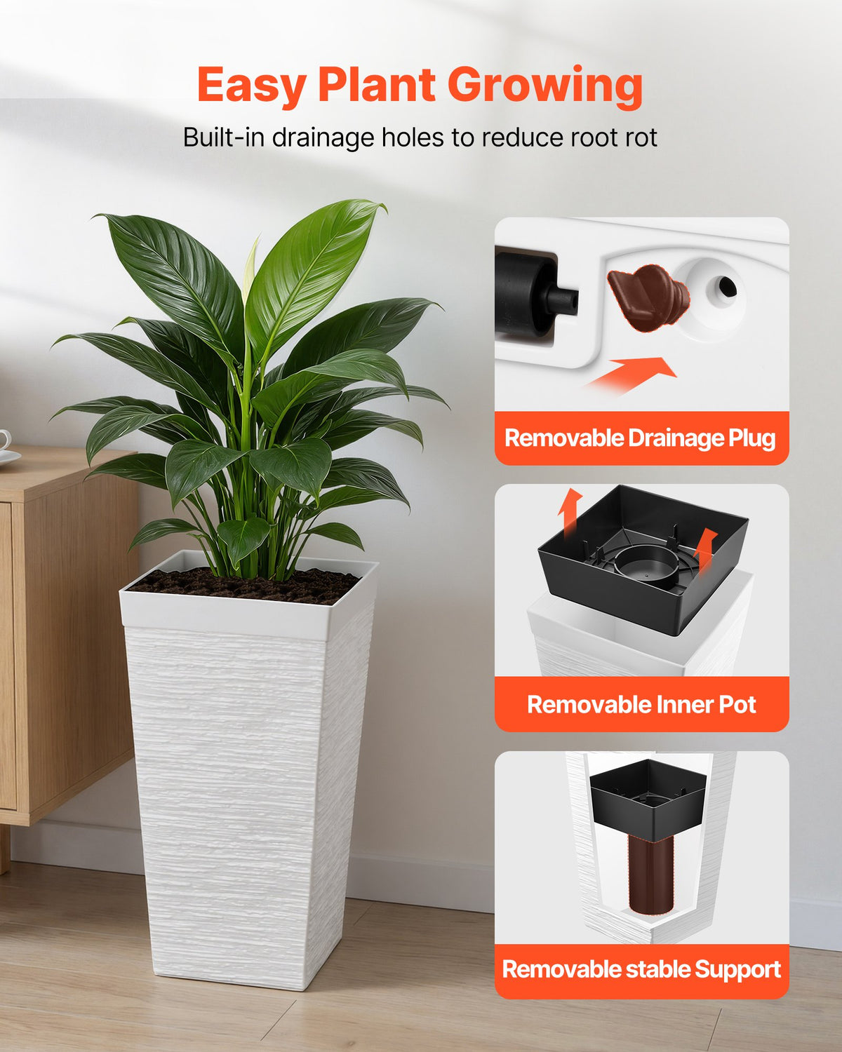 VEVOR Tall Planters Set of 2, 580 mm Large Outdoor Taper Planters for Outdoor Indoor Plants, Front Porch Plastic Modern Flower Pots with Casters, Inner Pot & Drainage Holes for Patio, Garden, White