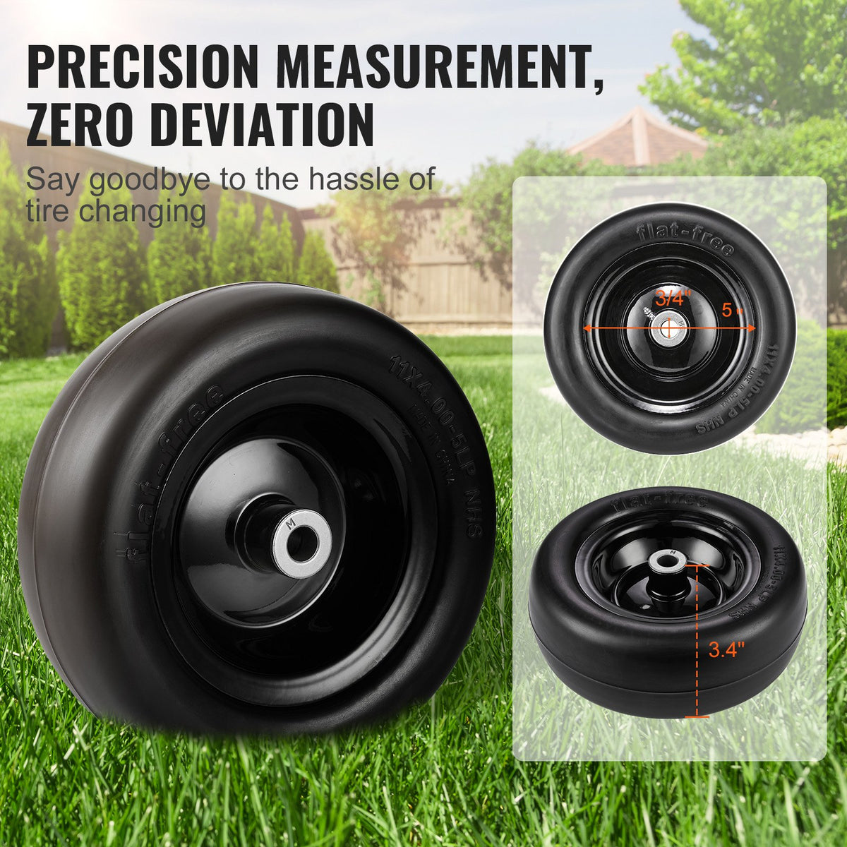VEVOR Lawn Mower Tires with Rim, 11x4-5" Tubeless Tractor Tires, 2-Pack Tire and Wheel Assemby, Flat-free PU Tire, 3.4" Centered Hub, 3/4" Bushing Size, 20 PCS Adapters for Riding Mowers Lawn Tractors