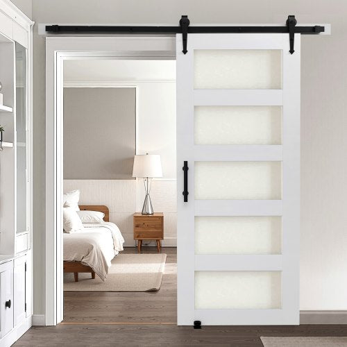VEVOR Sliding Barn Door, 813 x 2134mm, High-Strength MDF Panel and Glass, Barn Door with Hardware Kit, Water-Proof PVC Surface, Easy to Install, H-Frame, Smoothly and Quietly Sliding for Living Room