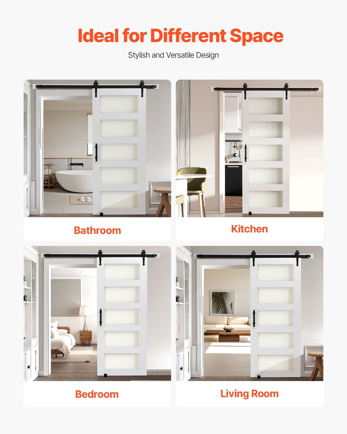 VEVOR Sliding Barn Door, 813 x 2134mm, High-Strength MDF Panel and Glass, Barn Door with Hardware Kit, Water-Proof PVC Surface, Easy to Install, H-Frame, Smoothly and Quietly Sliding for Living Room