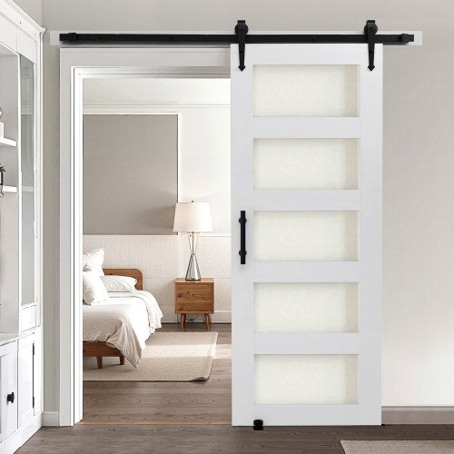 VEVOR Sliding Barn Door, 762 x 2134mm, High-Strength MDF Panel and Glass, Barn Door with Hardware Kit, Water-Proof PVC Surface, Easy to Install, H-Frame, Smoothly and Quietly Sliding for Living Room