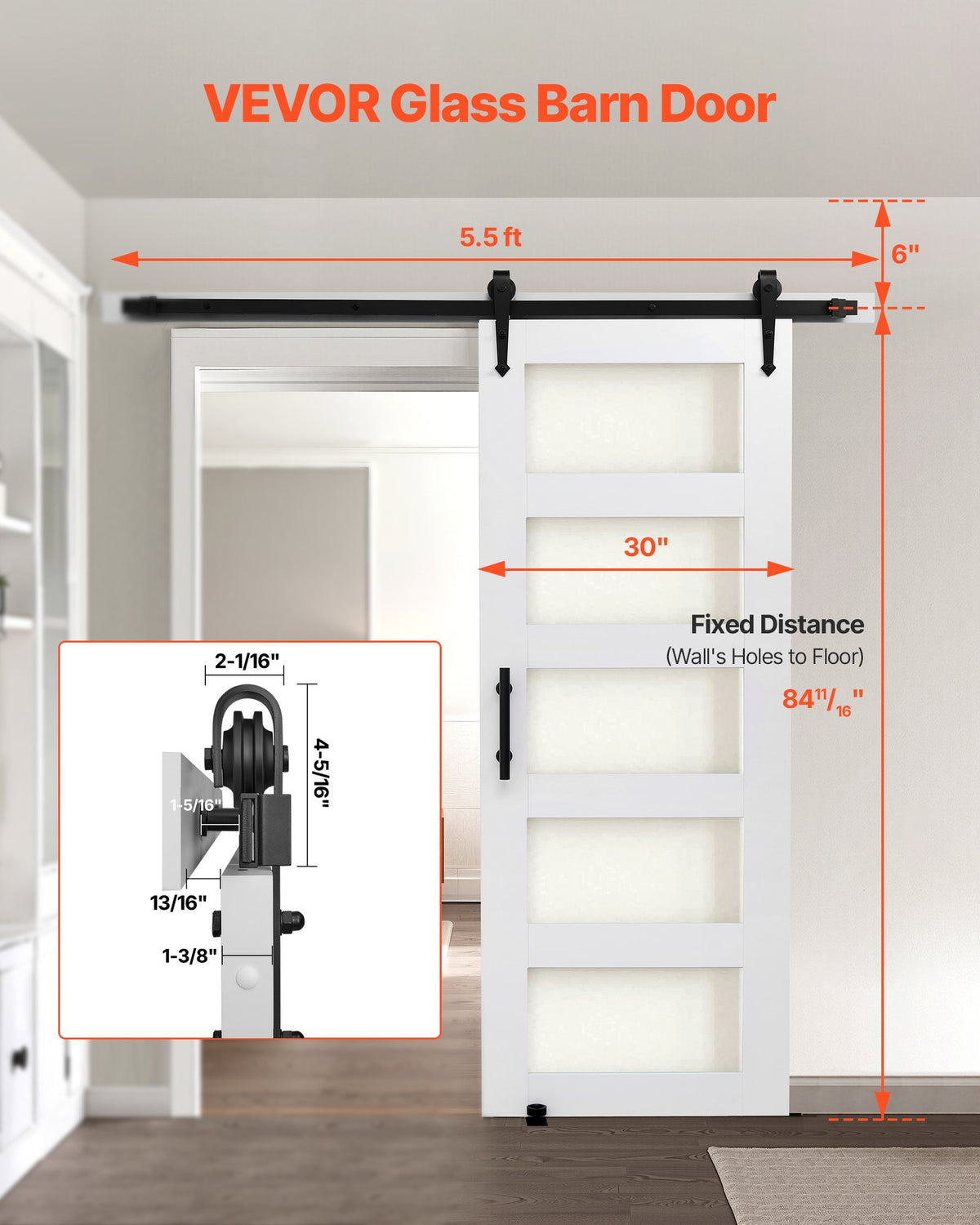 VEVOR Sliding Barn Door, 762 x 2134mm, High-Strength MDF Panel and Glass, Barn Door with Hardware Kit, Water-Proof PVC Surface, Easy to Install, H-Frame, Smoothly and Quietly Sliding for Living Room