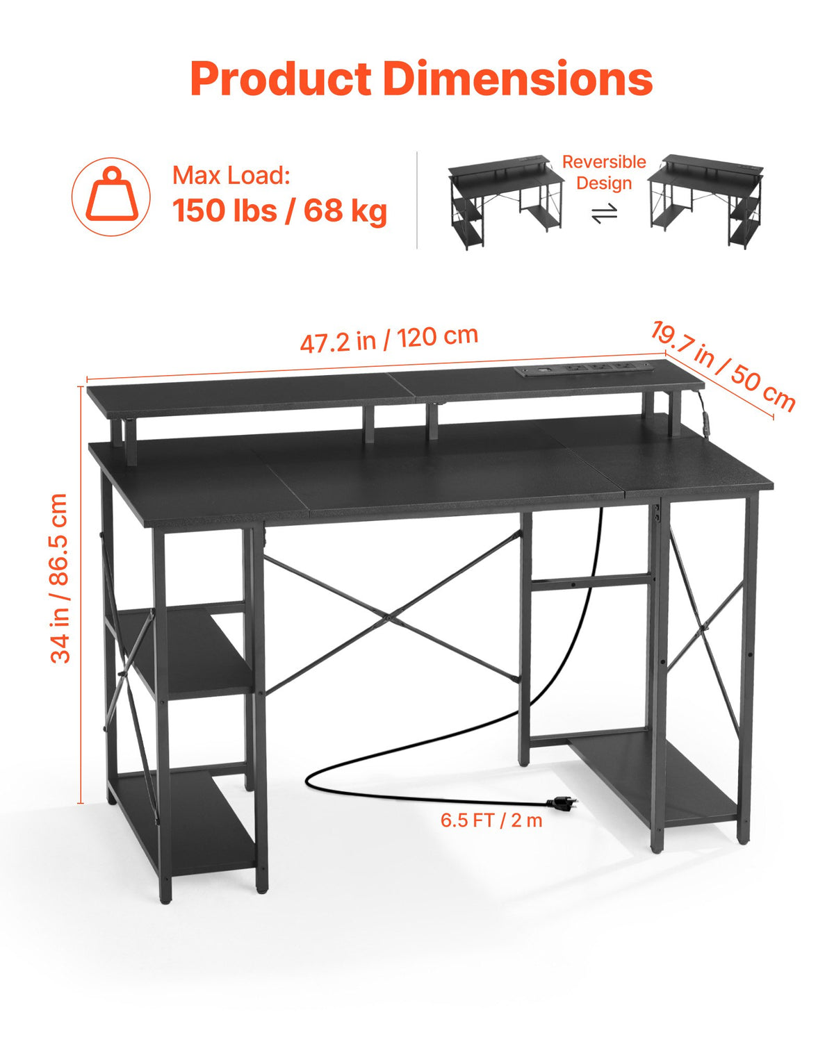 VEVOR 120 cm Computer Desk with Smart LED Lights and Power Outlets, Reversible Gaming Office Desk with Monitor Stand and 2-Tier Storage Shelves, Study Work for Home Office, Black