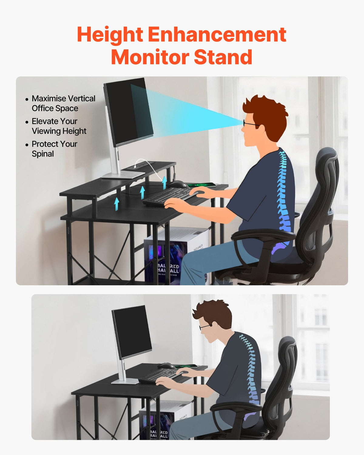 VEVOR 120 cm Computer Desk with Smart LED Lights and Power Outlets, Reversible Gaming Office Desk with Monitor Stand and 2-Tier Storage Shelves, Study Work for Home Office, Black