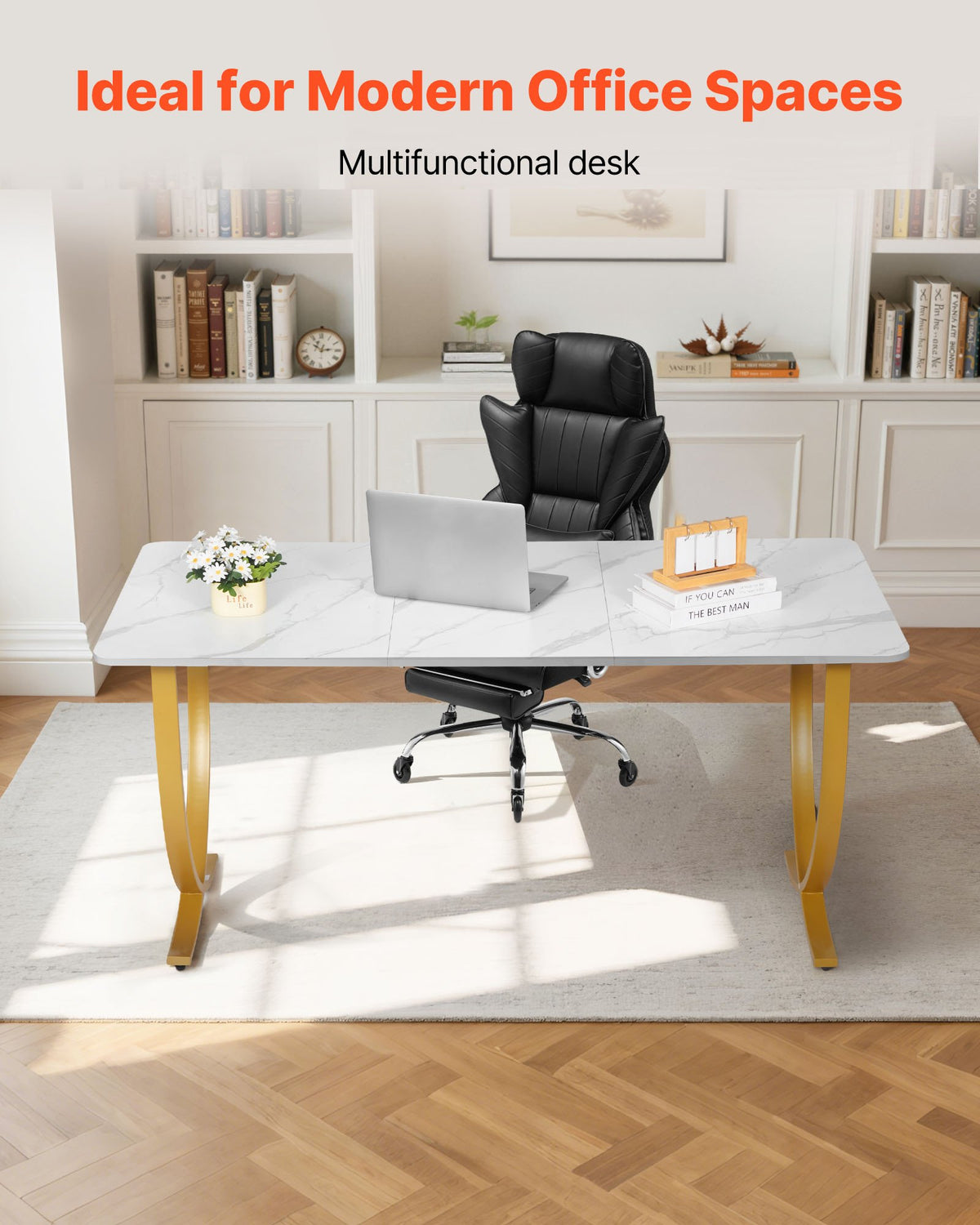 VEVOR Executive Desk, 160 cm W x 80 cm D Large Office Desk, Modern Computer Table Conference Meeting Room Table, Business Furniture Enlarged Desktop for Home Office, White and Gold