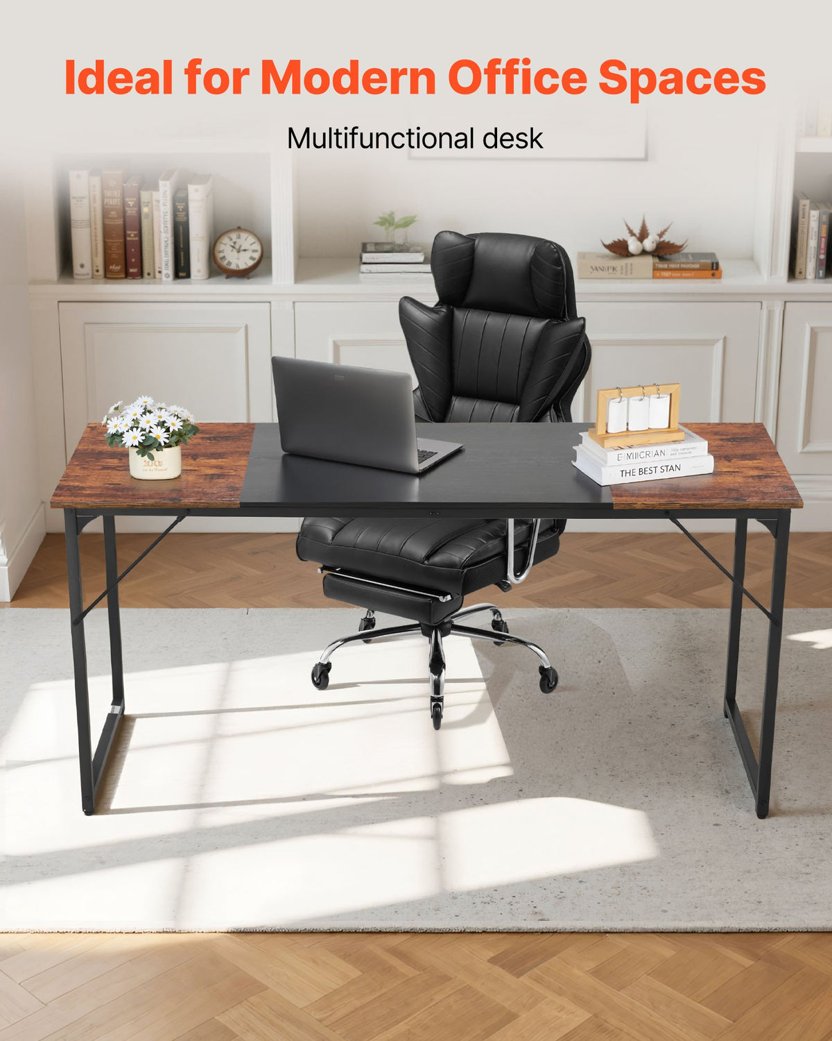 VEVOR Computer Desk, 160 cm Office Gaming Desk for Home Office, Writing Study Work Modern Simple Table with Metal Frame for Large Legroom, Rustic Brown and Black