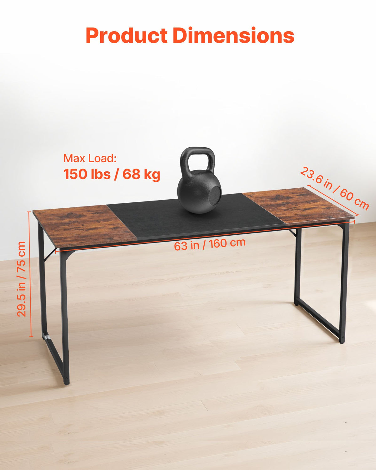 VEVOR Computer Desk, 160 cm Office Gaming Desk for Home Office, Writing Study Work Modern Simple Table with Metal Frame for Large Legroom, Rustic Brown and Black