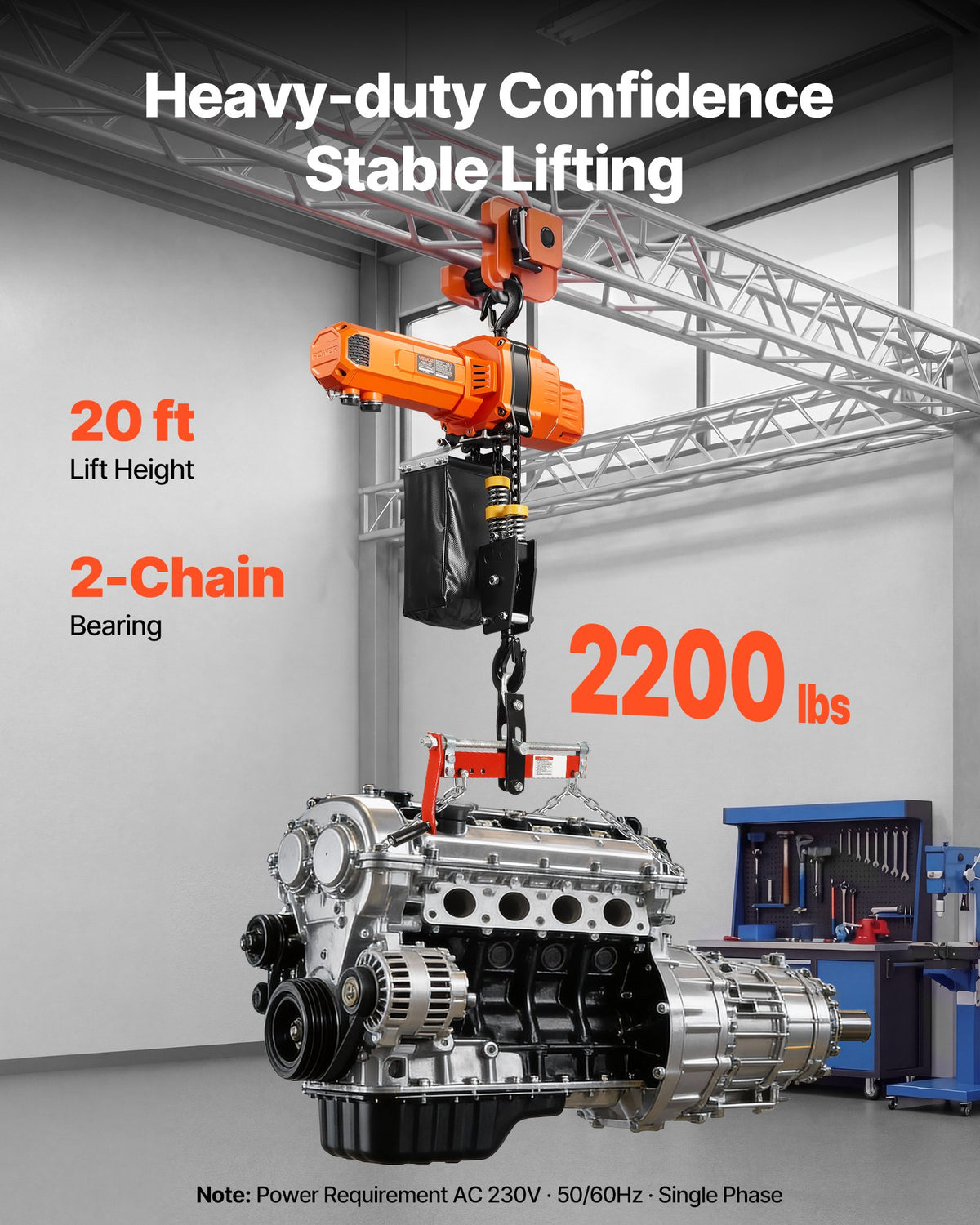 VEVOR 1000 kg Electric Chain Hoist, 6 m Lifting Height, 230V Single Phase Overhead Crane with 4.5 m Wired Remote Control, G100 Chain Electric Lift Hoist for Factories, Warehouses, Garages
