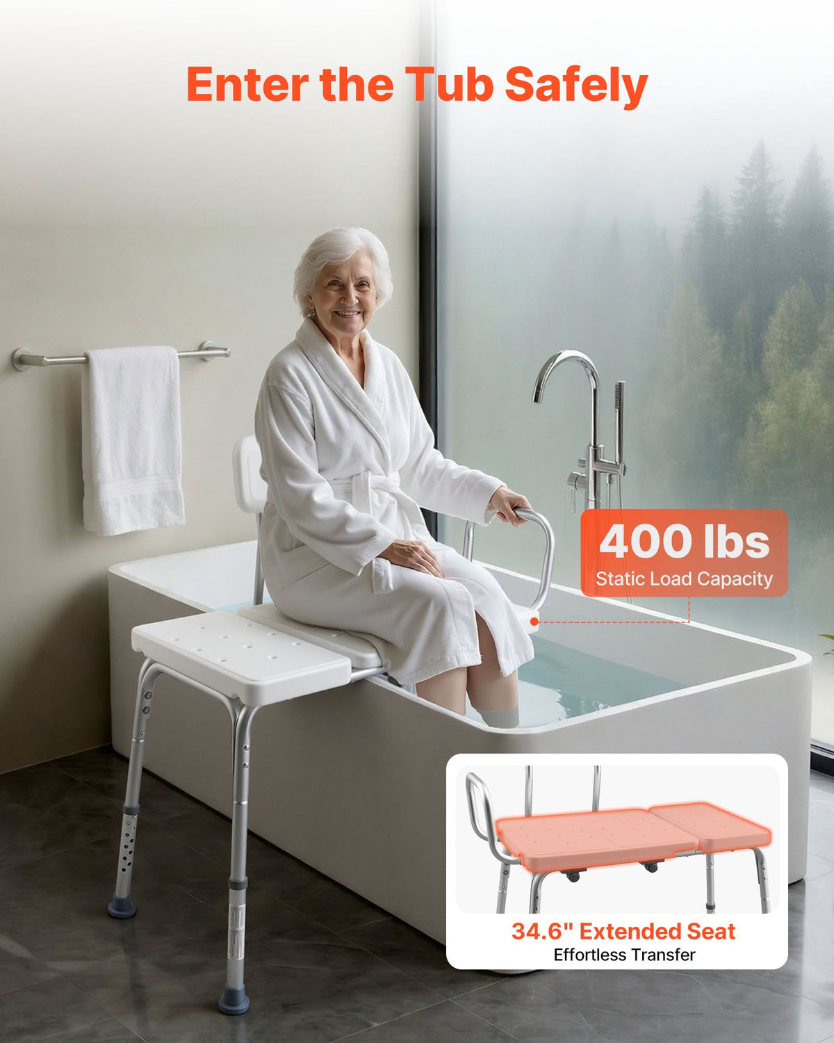 VEVOR Tub Transfer Bench for Bathtub, 400 lbs Capacity Heavy Duty Shower Chair with Arm, Backrest and Curtain Slot, Height Adjustable Shower Bench Bath Seat for Adults, Seniors, Elderly and Disabled