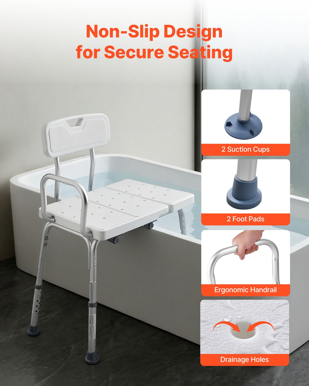 VEVOR Tub Transfer Bench for Bathtub, 400 lbs Capacity Heavy Duty Shower Chair with Arm, Backrest and Curtain Slot, Height Adjustable Shower Bench Bath Seat for Adults, Seniors, Elderly and Disabled