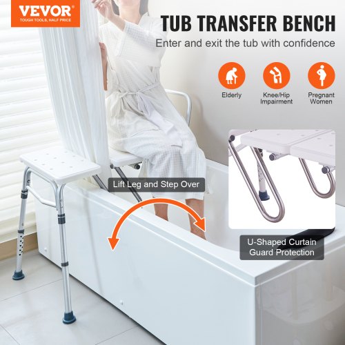 VEVOR Tub Transfer Bench, Adjustable Bathtub Transfer Bench with U-Shaped Curtain Guard Protection & Reversible Backrest, Non-Slip Shower Seat Bath Bench for Elderly Disabled Injured, 400LBS Capacity