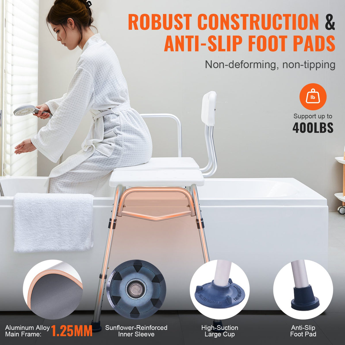 VEVOR Tub Transfer Bench, Adjustable Bathtub Transfer Bench with U-Shaped Curtain Guard Protection & Reversible Backrest, Non-Slip Shower Seat Bath Bench for Elderly Disabled Injured, 400LBS Capacity