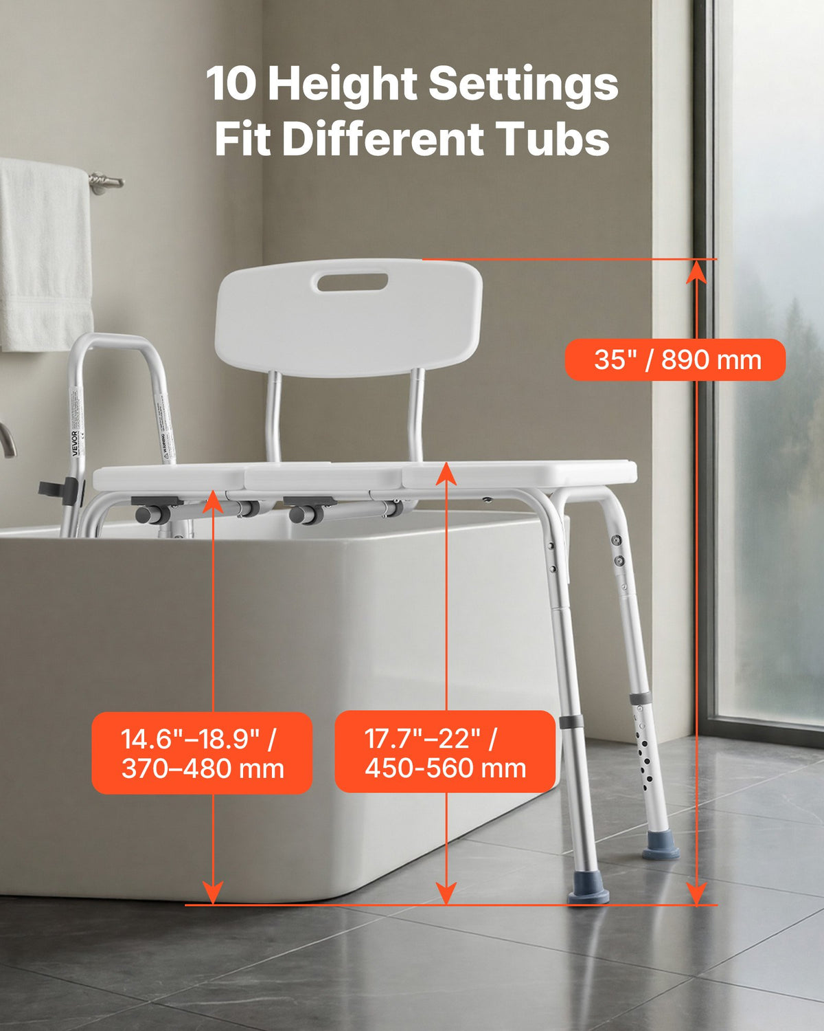 VEVOR Tub Transfer Bench for Bathtub, 180 kg Weight Capacity Heavy Duty Shower Chair with Arm and Backrest, Height Adjustable Bathroom Shower Bench Bath Seat for Adults, Seniors, Elderly and Disabled