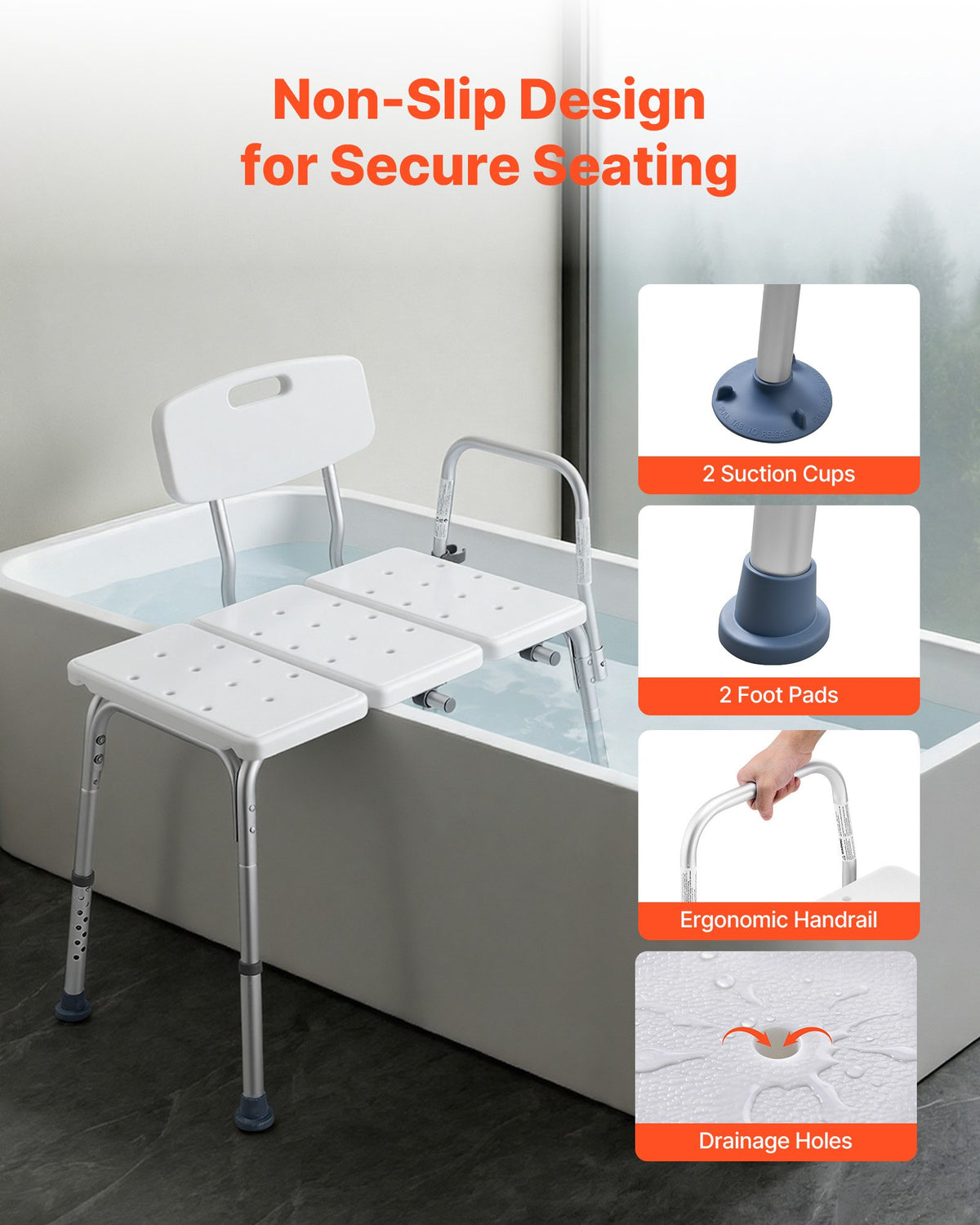 VEVOR Tub Transfer Bench for Bathtub, 180 kg Weight Capacity Heavy Duty Shower Chair with Arm and Backrest, Height Adjustable Bathroom Shower Bench Bath Seat for Adults, Seniors, Elderly and Disabled