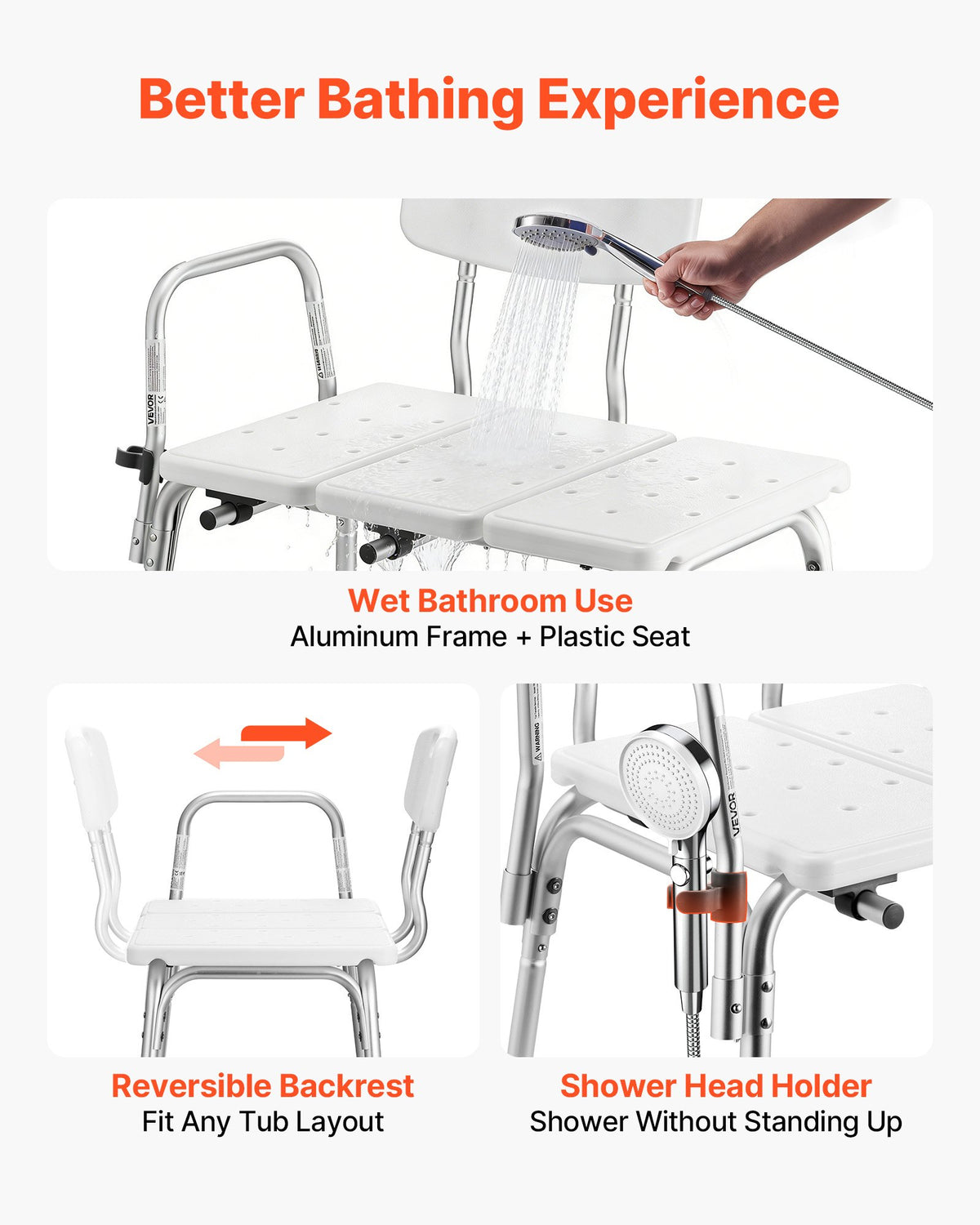VEVOR Tub Transfer Bench for Bathtub, 180 kg Weight Capacity Heavy Duty Shower Chair with Arm and Backrest, Height Adjustable Bathroom Shower Bench Bath Seat for Adults, Seniors, Elderly and Disabled