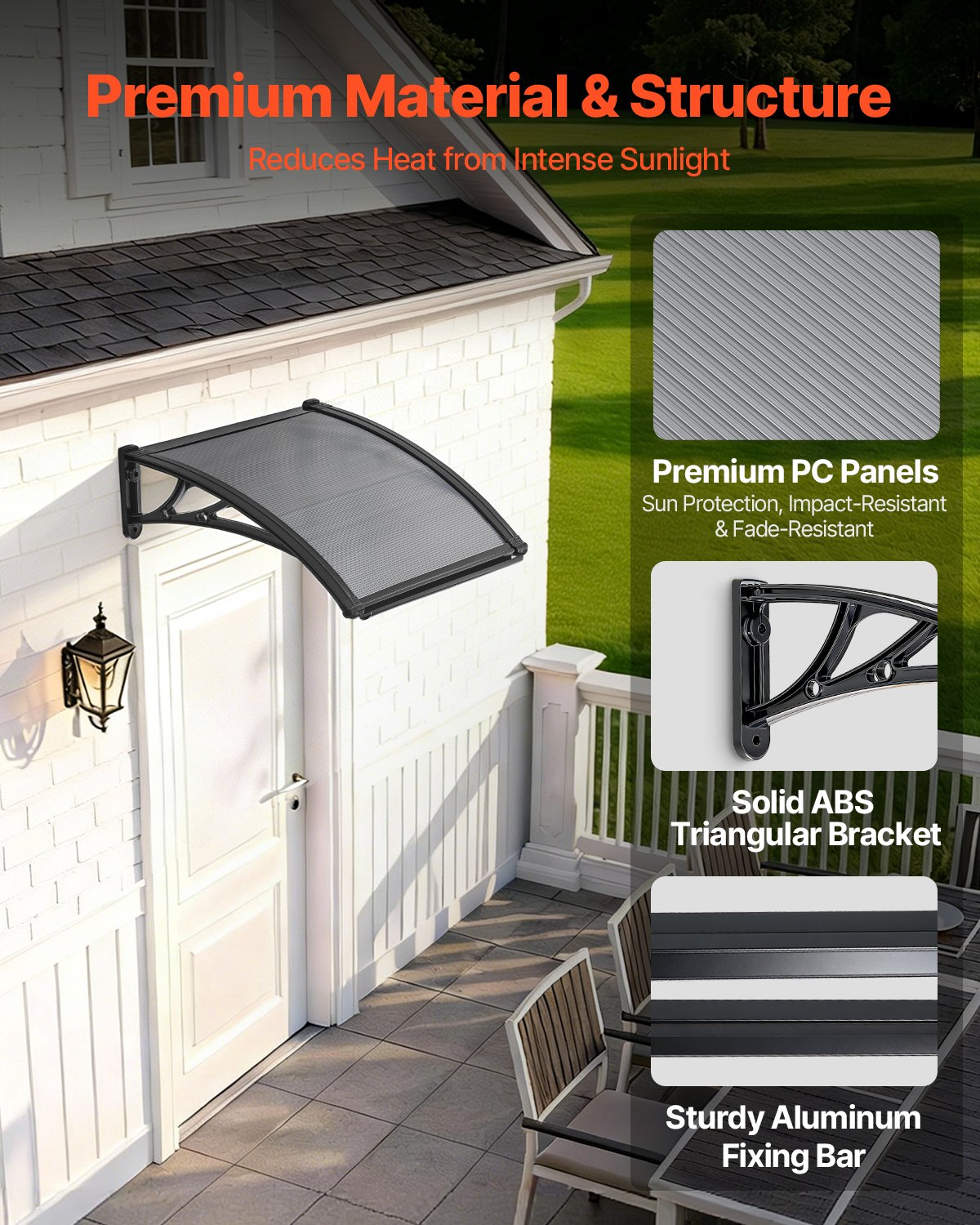 VEVOR Awnings for Door Entrance, 24 x 24 in, Exterior Front Door Window Awnings with Drainage & ABS Bracket, Rain Snow Sun Protection, Overhang Polycarbonate Door Canopy for Porch Patio, Smoky Gray
