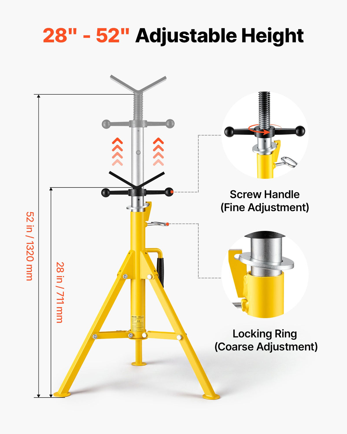 VEVOR V-Head Pipe Stand for 3.2–305 mm Pipes, Heavy-Duty 1134 kg Capacity, Adjustable Height 71–132 cm, Portable Folding Support Stand for Welding, Cutting & Versatile Piping Projects