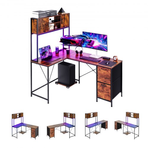 VEVOR L-Shaped Gaming Desk with LED Lights