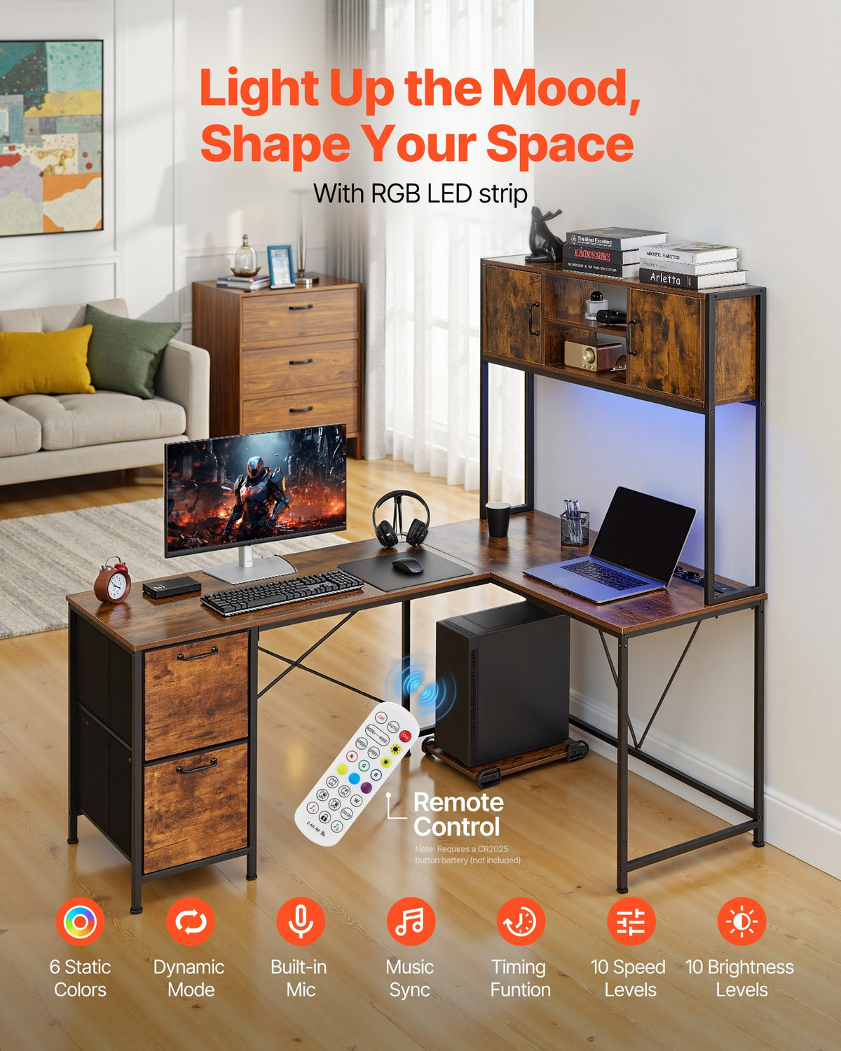 VEVOR L-Shaped Gaming Desk with LED Lights