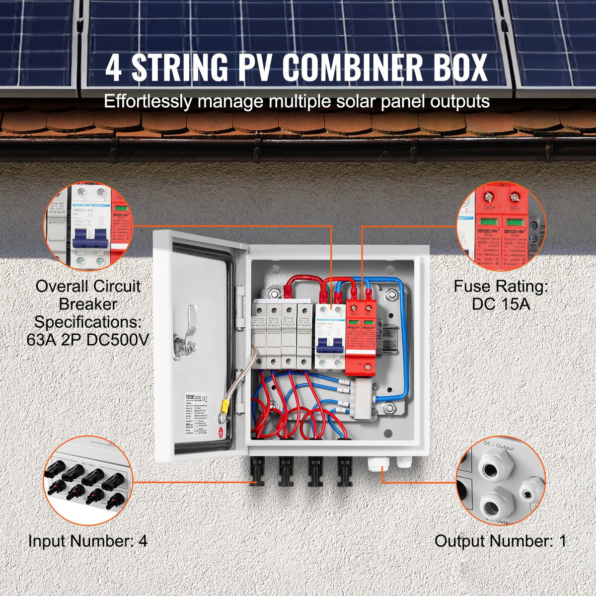 VEVOR PV Combiner Box, 4 String, Solar Combiner Box with 15A Rated Current Fuse 63A Circuit Breaker Lightning Arrester and Solar Connector, Steel Case for On / Off Grid Solar Panel System, IP65