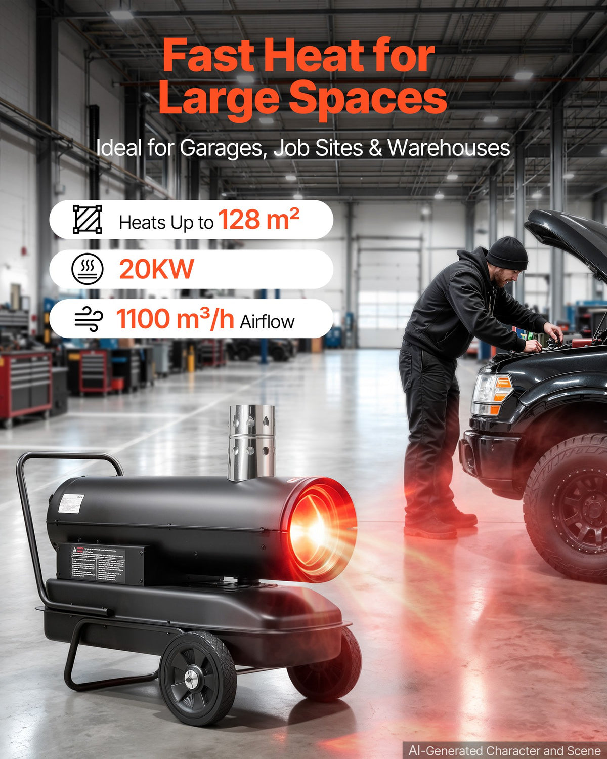 VEVOR Forced Air Kerosene Heater, 20 kW Output Diesel Torpedo Space Heater, for Garage, Warehouse, Workshop, Job Site, Construction, Thermostat Control, Premium Carbon Steel, Indirect-Fired, Black