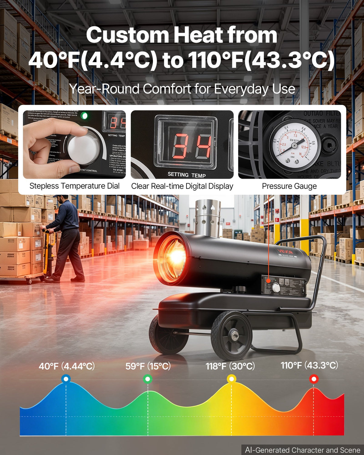 VEVOR Forced Air Kerosene Heater, 20 kW Output Diesel Torpedo Space Heater, for Garage, Warehouse, Workshop, Job Site, Construction, Thermostat Control, Premium Carbon Steel, Indirect-Fired, Black