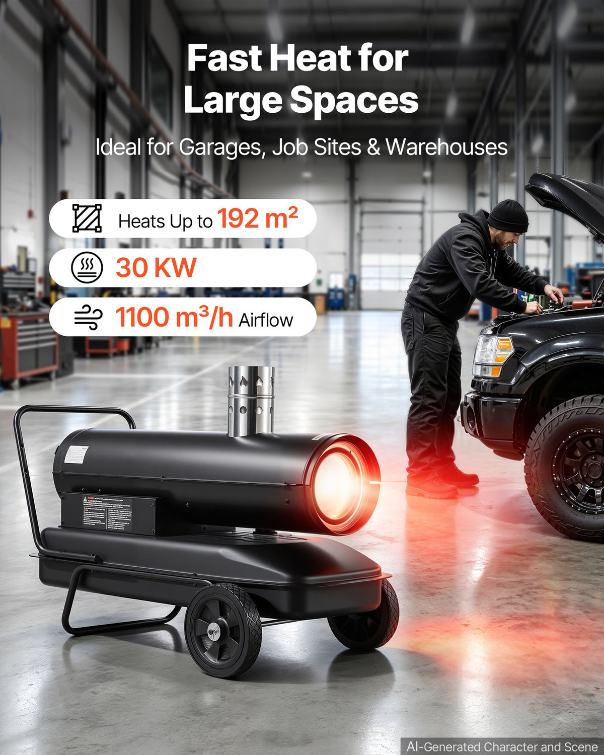 VEVOR Forced Air Kerosene Heater, 30 kW Output Diesel Torpedo Space Heater, for Garage, Warehouse, Workshop, Job Site, Construction, Thermostat Control, Premium Carbon Steel, Indirect-Fired, Black