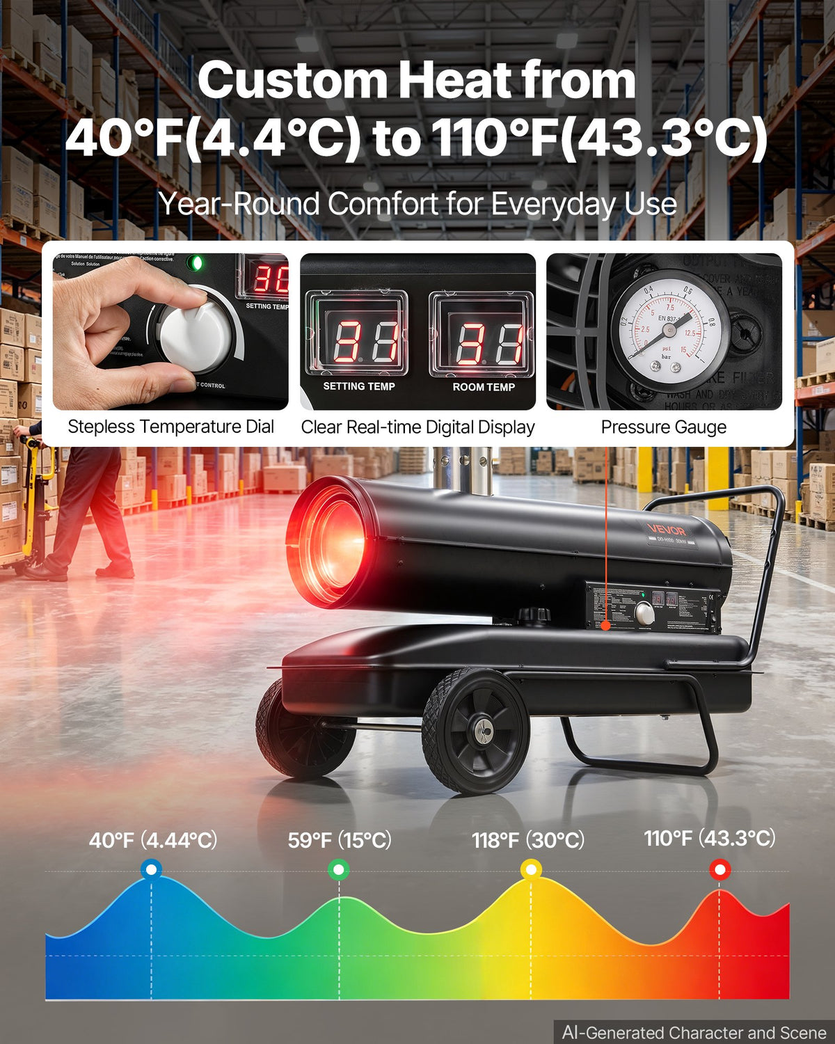 VEVOR Forced Air Kerosene Heater, 30 kW Output Diesel Torpedo Space Heater, for Garage, Warehouse, Workshop, Job Site, Construction, Thermostat Control, Premium Carbon Steel, Indirect-Fired, Black