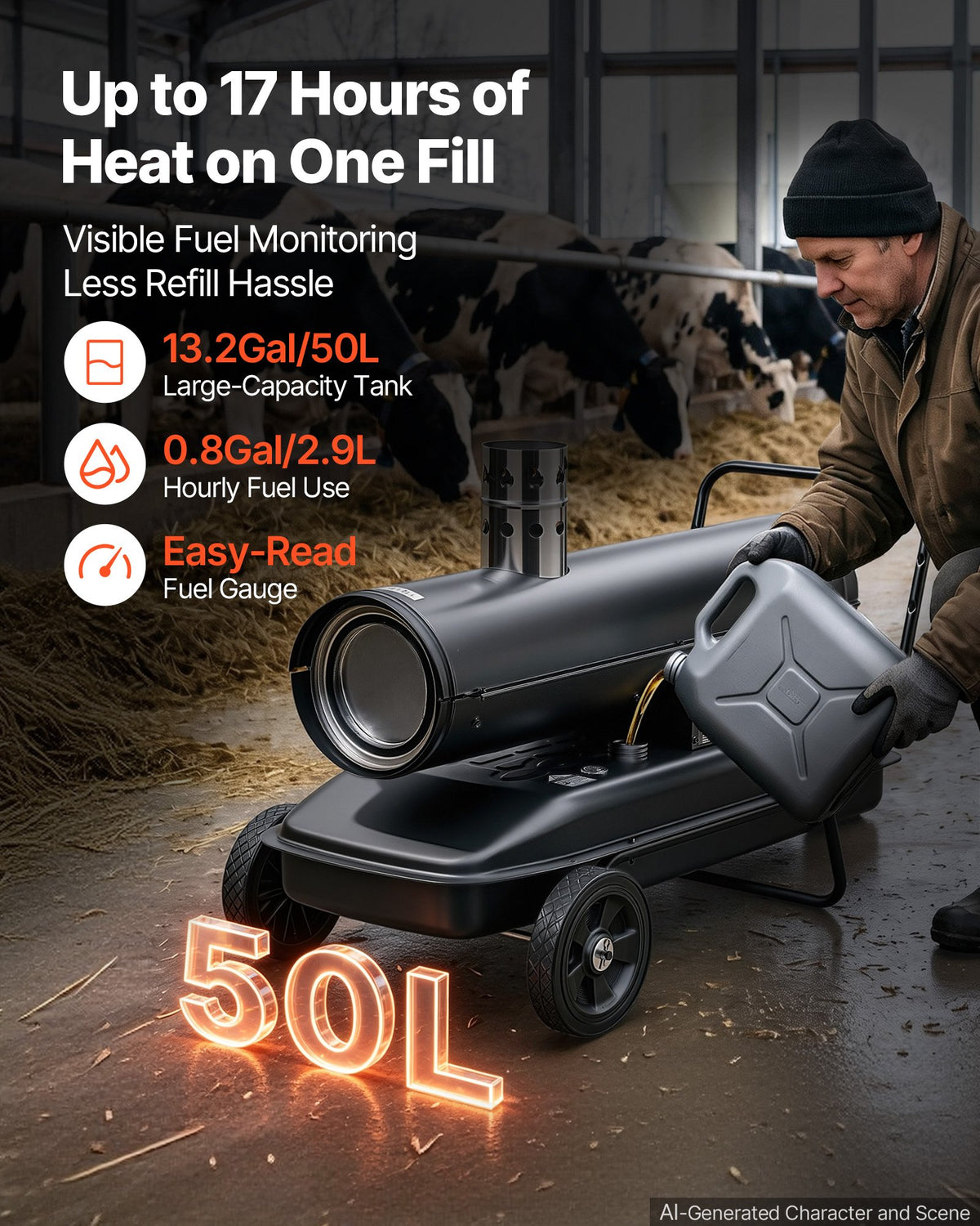 VEVOR Forced Air Kerosene Heater, 30 kW Output Diesel Torpedo Space Heater, for Garage, Warehouse, Workshop, Job Site, Construction, Thermostat Control, Premium Carbon Steel, Indirect-Fired, Black