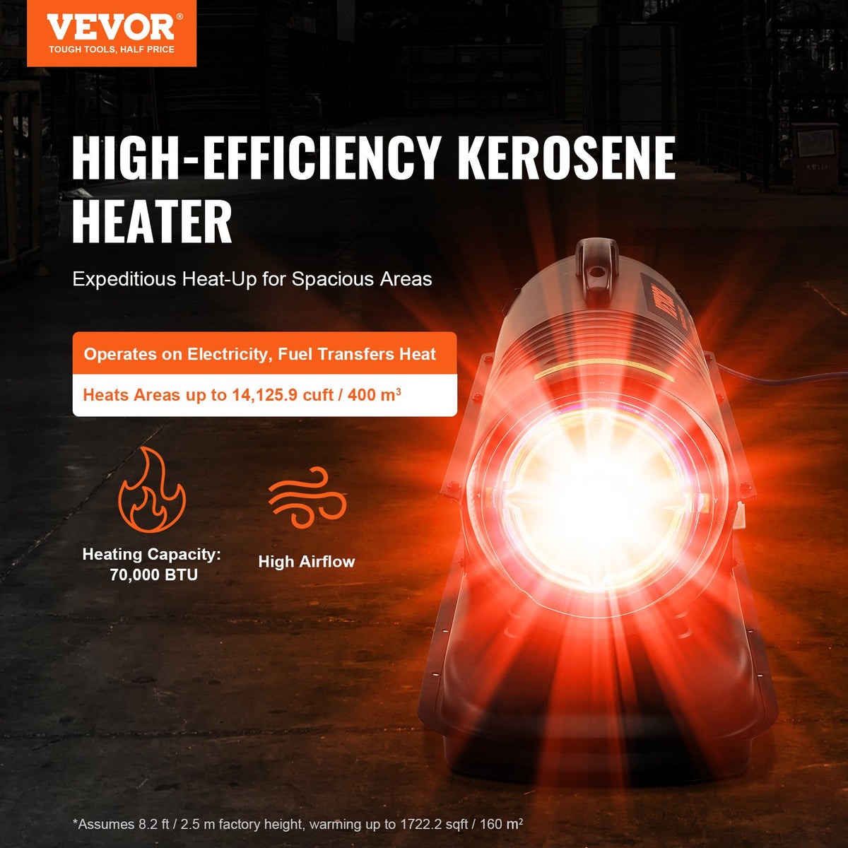 VEVOR Kerosene/Diesel Forced Air Heater, 70000Btu Torpedo Space Heater, Portable with Thermostat Control,19L Tank Efficient Indoor/Outdoor Kerosene Heater For Home,Jobsite, industrial,Workshops,Black