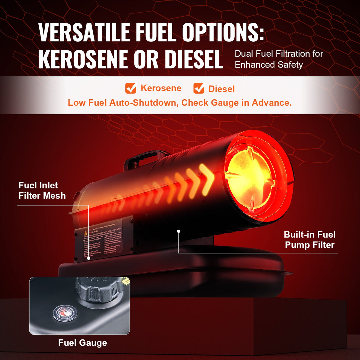 VEVOR Kerosene/Diesel Forced Air Heater, 70000Btu Torpedo Space Heater, Portable with Thermostat Control,19L Tank Efficient Indoor/Outdoor Kerosene Heater For Home,Jobsite, industrial,Workshops,Black