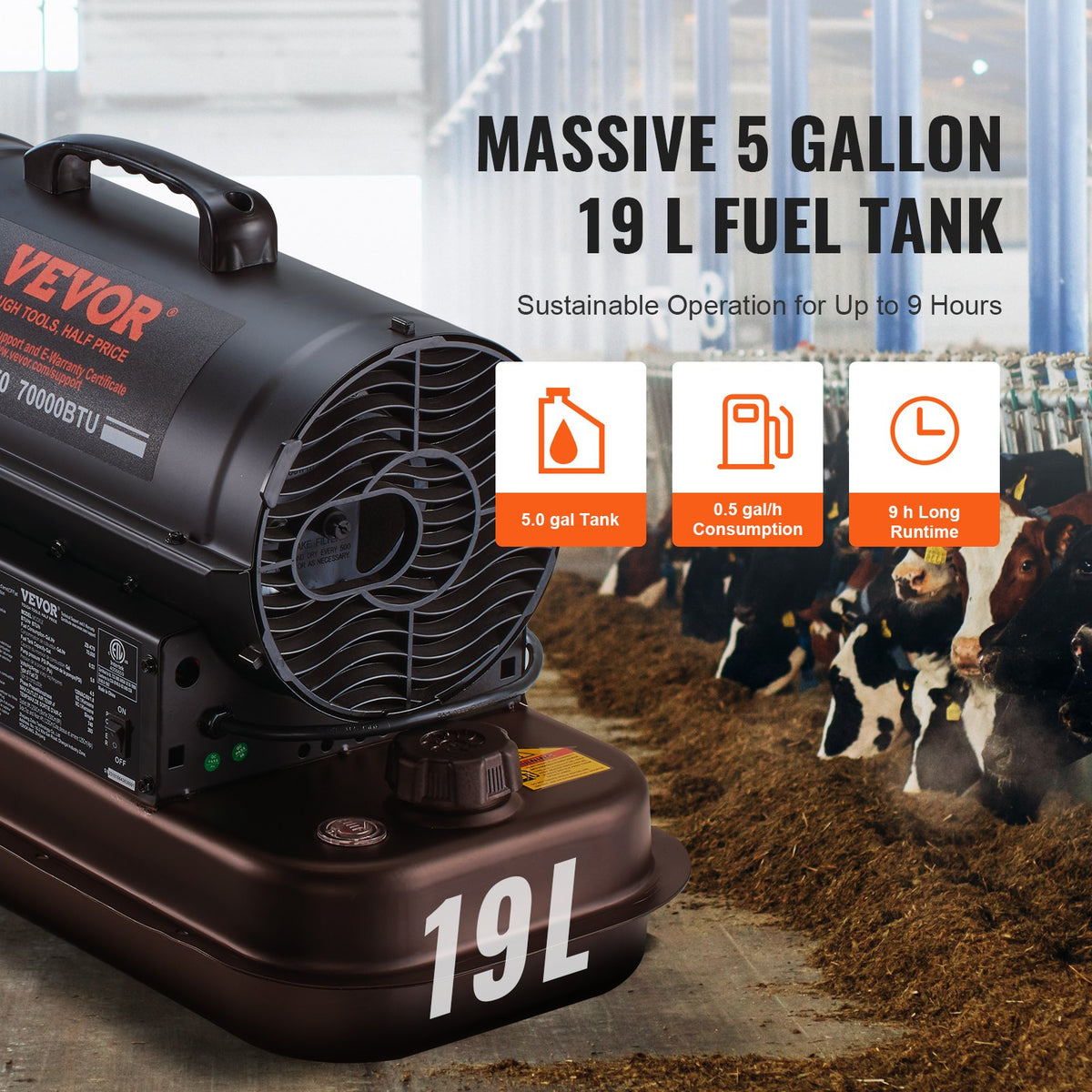 VEVOR Kerosene/Diesel Forced Air Heater, 70000Btu Torpedo Space Heater, Portable with Thermostat Control,19L Tank Efficient Indoor/Outdoor Kerosene Heater For Home,Jobsite, industrial,Workshops,Black
