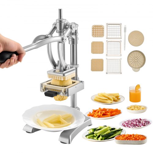 VEVOR Commercial French Fry Cutter, Stainless Steel Vegetable Fruit Chopper with 3 Replacement Blades 12.7mm 9.5mm 6.4mm, and a Juicing Blade, Manual Potato Slicer Dicer for Restaurants & Home Kitchen