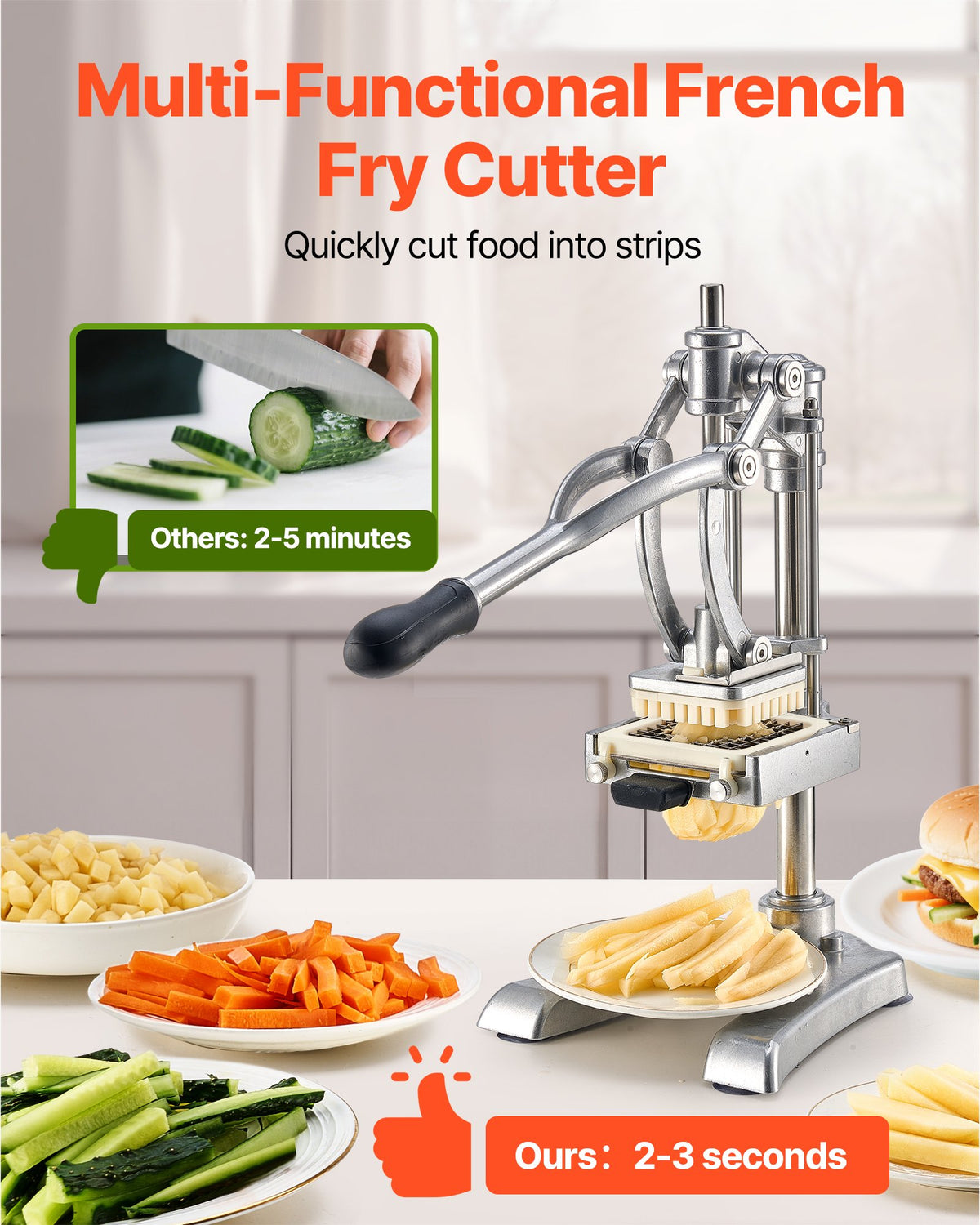VEVOR Commercial French Fry Cutter, Stainless Steel Vegetable Fruit Chopper with 3 Replacement Blades 12.7mm 9.5mm 6.4mm, and a Juicing Blade, Manual Potato Slicer Dicer for Restaurants & Home Kitchen
