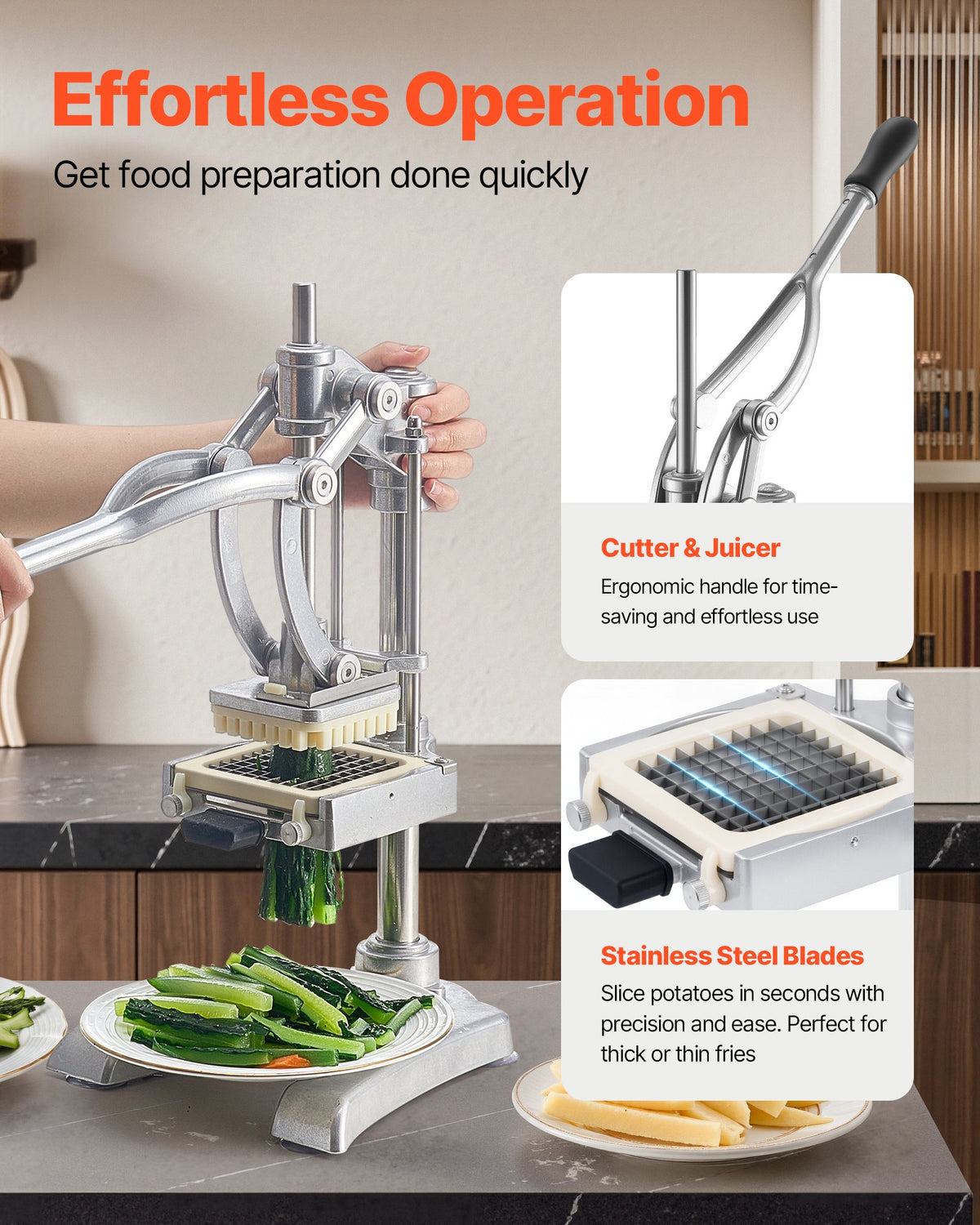 VEVOR Commercial French Fry Cutter, Stainless Steel Vegetable Fruit Chopper with 3 Replacement Blades 12.7mm 9.5mm 6.4mm, and a Juicing Blade, Manual Potato Slicer Dicer for Restaurants & Home Kitchen
