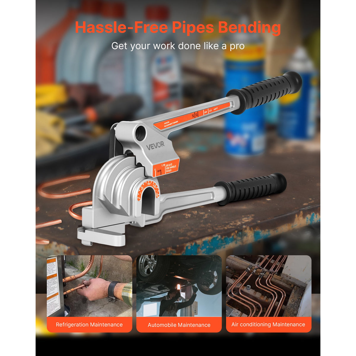 VEVOR Pipe Tube Bender, 1/4" (6.35 mm), 3/8" (9.5 mm), 1/2" (12.7 mm) OD, 3 in 1 Manual Lever Tube Bender, 180° Copper Aluminum Pipes Bending Tool for Automotive Repair, HVAC Air Conditioning