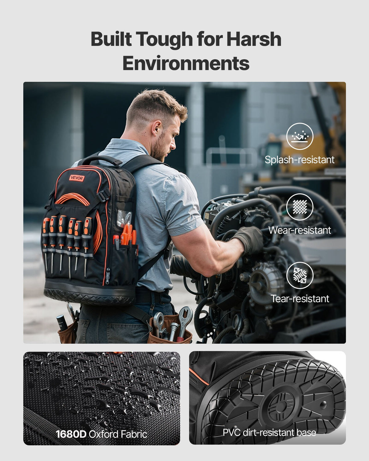 VEVOR Tool Backpack, 65 Pockets, Heavy-duty Tools Storage Organizer Work Bags with Laptop Compartment & Molded Base, Electrician Jobsite Backpack for Electrician, Repairman, and HVAC Techs