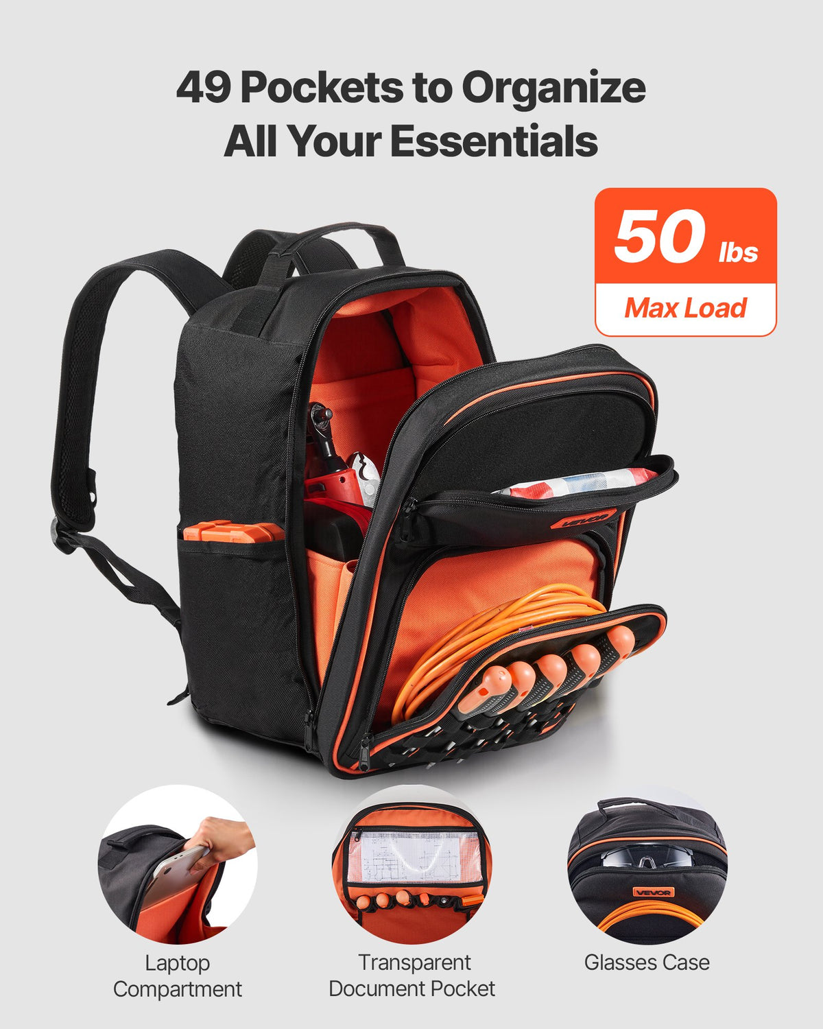 VEVOR Tool Backpack, 49 Pockets, Heavy-duty Tools Storage Organizer Work Bags with Laptop Compartment & Reinforced Fabric Base, Electrician Jobsite Backpack for Electrician, Repairman