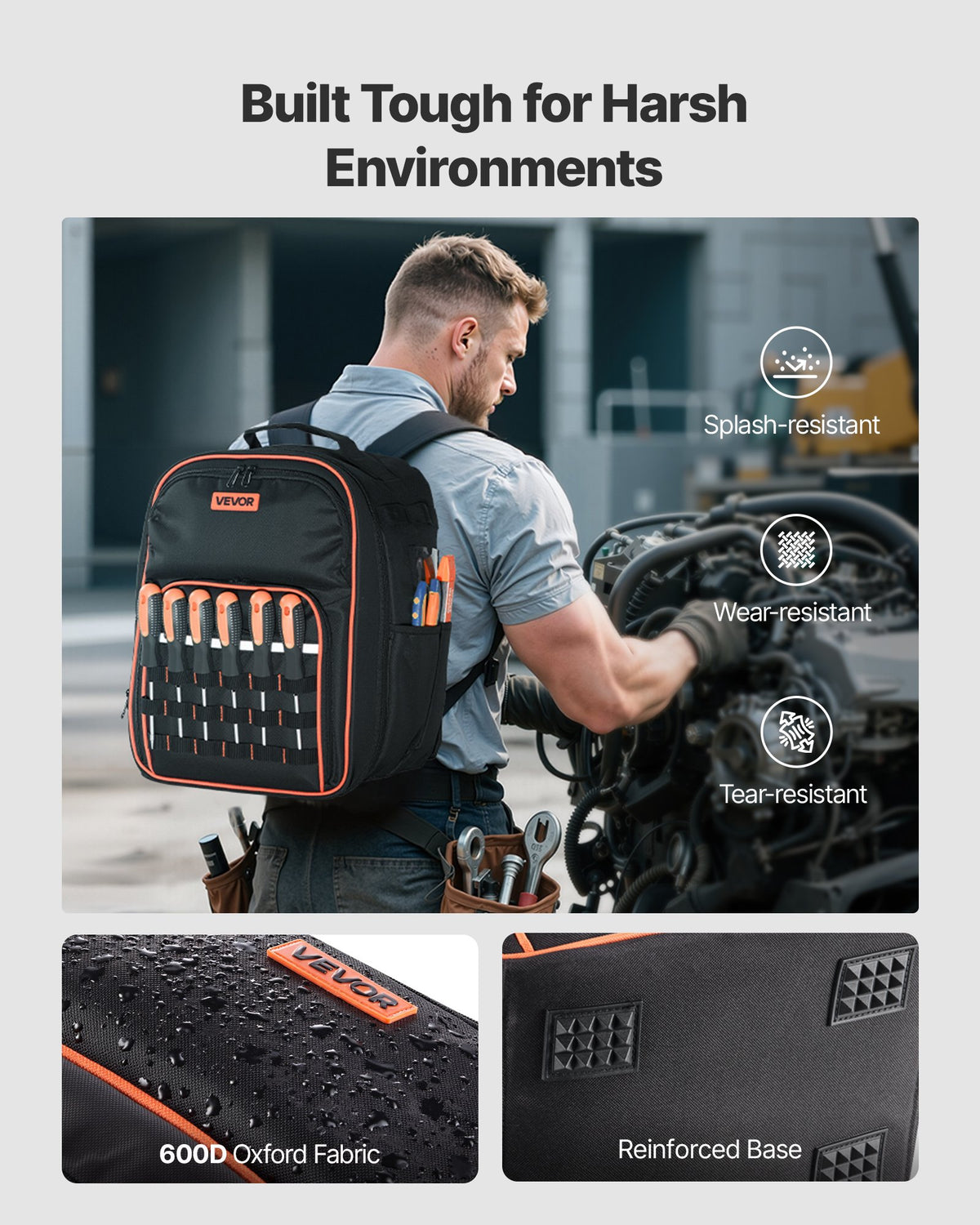 VEVOR Tool Backpack, 49 Pockets, Heavy-duty Tools Storage Organizer Work Bags with Laptop Compartment & Reinforced Fabric Base, Electrician Jobsite Backpack for Electrician, Repairman