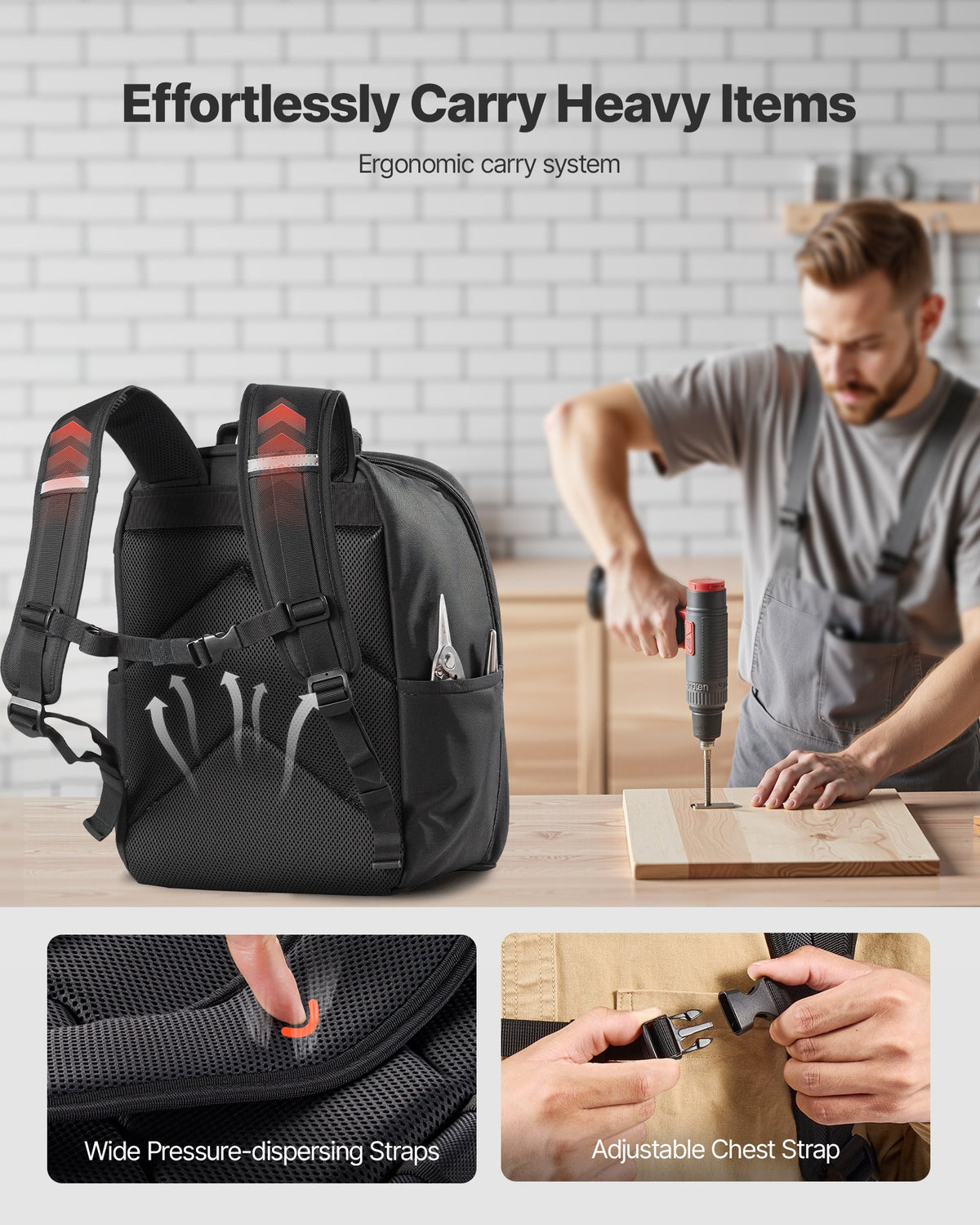 VEVOR Tool Backpack, 49 Pockets, Heavy-duty Tools Storage Organizer Work Bags with Laptop Compartment & Reinforced Fabric Base, Electrician Jobsite Backpack for Electrician, Repairman