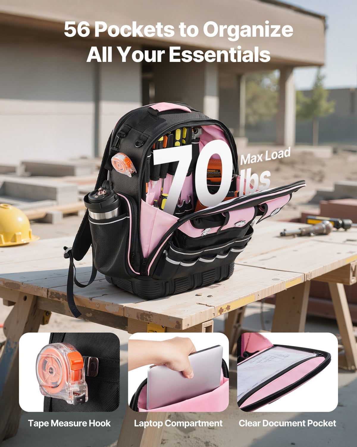 VEVOR Tool Backpack, 56 Pockets, Heavy-duty Tools Storage Organizer Work Bags with Laptop Compartment & Molded Base, Electrician Jobsite Backpack for Electrician, Repairman, and HVAC Techs