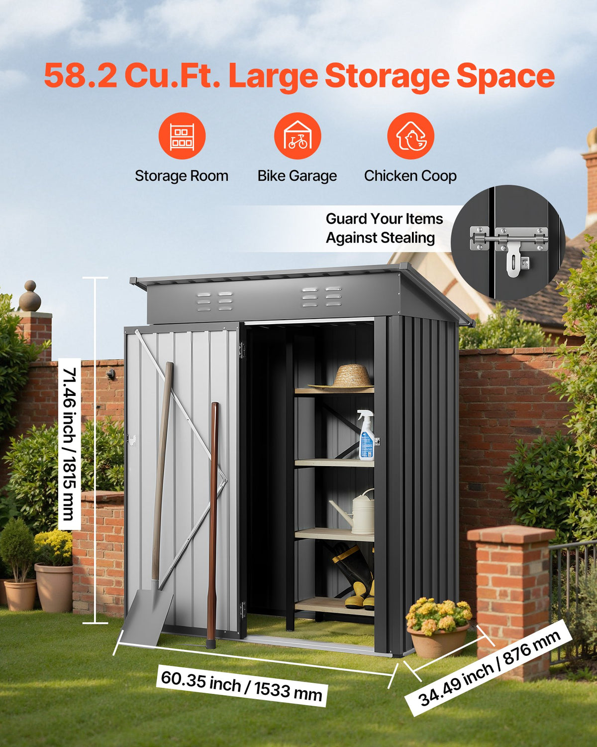 VEVOR 1533 x 876 x 1815 mm Metal Garden Shed, Storage Building with Lockable Door & 2 Louver Vents, Sloped Roof Metal Outdoor Storage Shed, Tool Sheds Outdoor Storage for Backyard, Garden, Patio