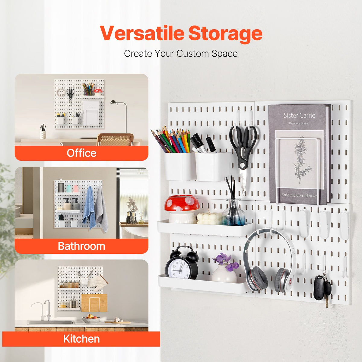 VEVOR Pegboard Combination Kit, 11" x 11" Plastic Pegboard, 4 Panels, Peg Board Wall Organizer Kit with Accessories, for Garage Tool Storage Kitchen Living Room Craft Room Office Bathroom Home, White