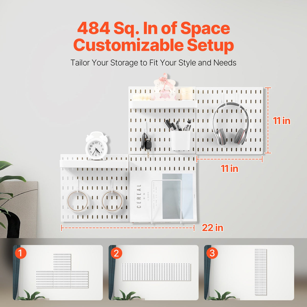 VEVOR Pegboard Combination Kit, 11" x 11" Plastic Pegboard, 4 Panels, Peg Board Wall Organizer Kit with Accessories, for Garage Tool Storage Kitchen Living Room Craft Room Office Bathroom Home, White