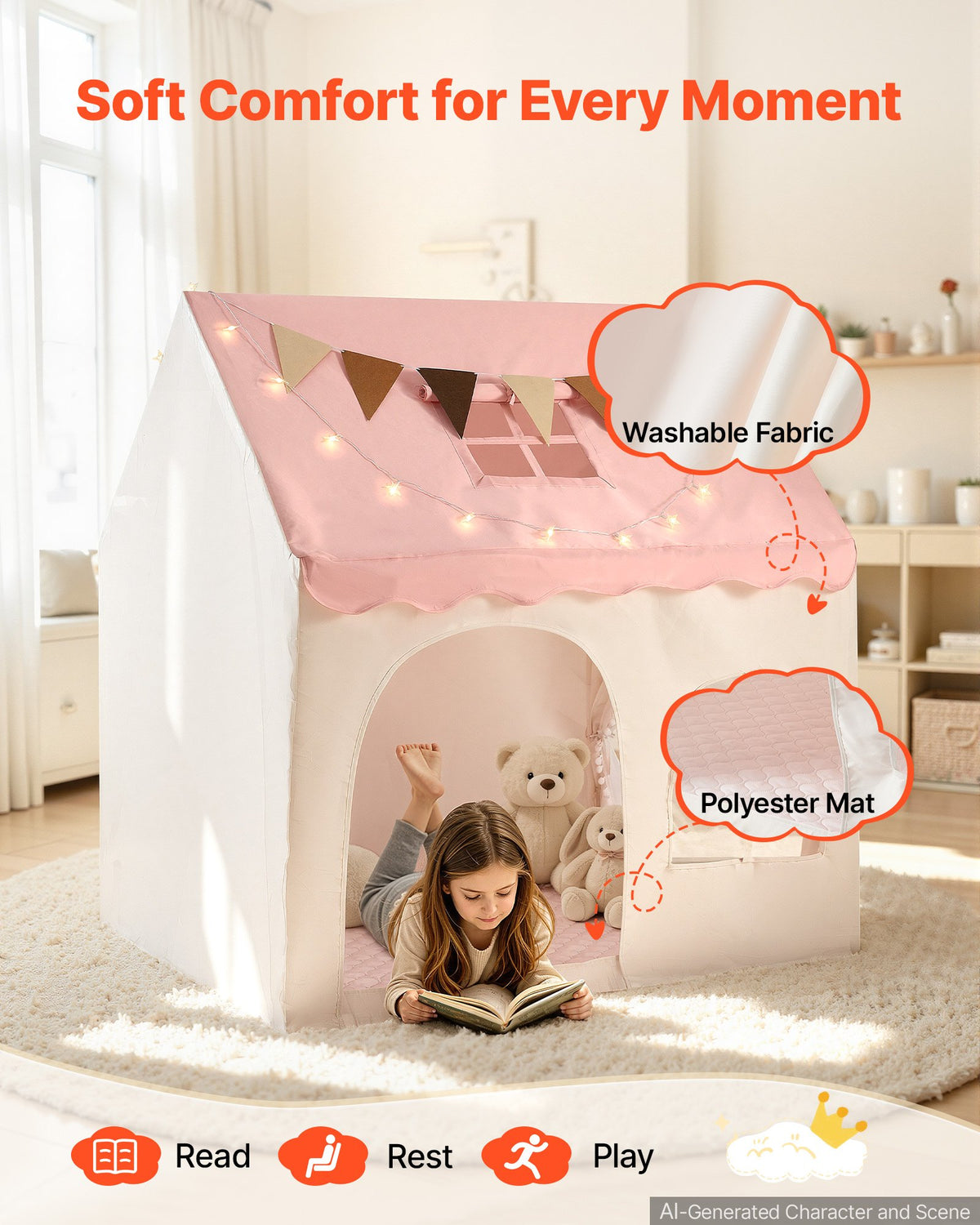 VEVOR Kids Play Tent PVC Frame Playhouse for Kids with Padded Mat Pink, for Toddlers Girls Boys, Indoor & Outdoor, Reading Nook Nap Bed Tent, with Stars Lights, Carry Bag, Flag, Breathable Window